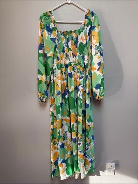 Smocked Floral Maxi Dress in Green and Yellow